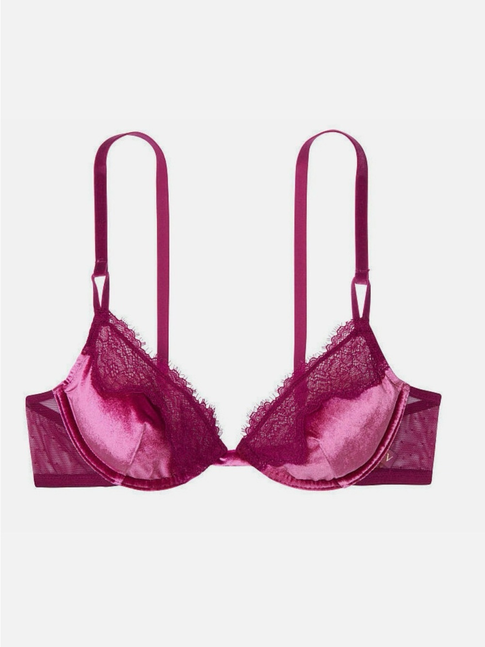 BERRY VELVET w Lace &Mesh Wing Victorias Secret DEMI Plunge Unlined UW Bra